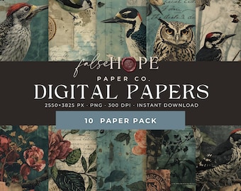 Puede incluir: Paquete de papel digital con un collage de ilustraciones vintage. El diseño incluye pájaros, flores y escritura a mano sobre un fondo verde azulado y crema. El texto dice "false HOPE PAPER CO. DIGITAL PAPERS 10 PAPER PACK".