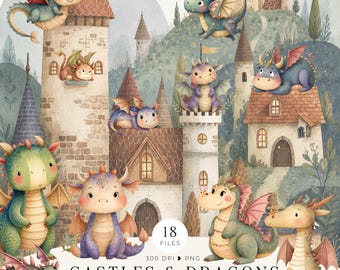 Puede incluir: Ilustración en acuarela de castillos y dragones. La imagen muestra dragones de dibujos animados en tonos verdes, morados y dorados, posados sobre y alrededor de estructuras de castillos detalladas. El texto "CASTLES & DRAGONS" es visible en la parte inferior.
