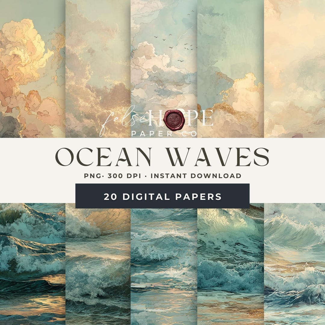 Watercolor Ocean Waves Digital Paper Pack – Sea & Sunrise Sky ...