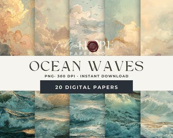 Puede incluir: Conjunto de papeles digitales con ilustraciones de acuarela de olas del océano y paisajes de nubes. Se muestra el texto "Ocean Waves", junto con "20 Digital Papers". La paleta de colores incluye tonos de azul, beige y dorado.