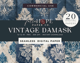 Puede incluir: Paquete de papel digital con diseño de damasco vintage. La imagen muestra 20 papeles digitales sin costuras en tonos azul y crema. El texto incluye "Commercial Use" y "Vintage Damask". Cada papel mide 30,48 x 30,48 cm.