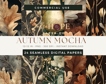 Puede incluir: Una colección de 24 papeles digitales sin costuras titulada Autumn Mocha, con ilustraciones botánicas de hojas de roble, peras y tallos florales en tonos marrón, crema y verde oscuro. El texto dice Commercial Use, falseHOPE PAPER CO, Autumn Mocha, 12x12 in, PNG, 300 DPI, Instant Download, 24 Seamless Digital Papers.