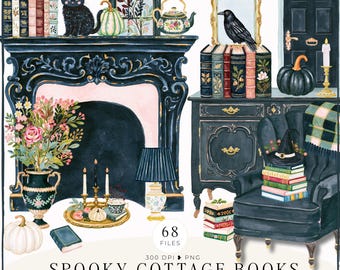 Puede incluir: Un conjunto de ilustraciones digitales que incluye una chimenea negra, un sillón negro, pilas de libros antiguos, un gato negro, un cuervo, calabazas, arreglos florales, una tetera, un espejo y velas, con el texto "68 FILES 300 DPI PNG SPOOKY COTTAGE BOOKS".
