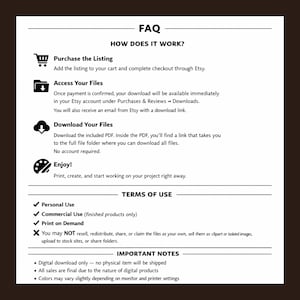 Puede incluir: Documento de preguntas frecuentes en blanco y negro que explica el proceso de compra y descarga en Etsy. Titulado "FAQ", pregunta "HOW DOES IT WORK?". Describe los pasos para la compra, el acceso y la descarga, junto con los t&eacute;rminos de uso y notas importantes.