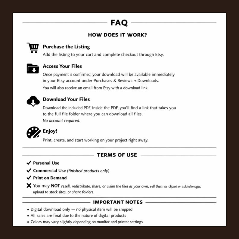 Puede incluir: Documento de preguntas frecuentes en blanco y negro que explica el proceso de compra y descarga en Etsy. Titulado "FAQ", pregunta "HOW DOES IT WORK?". Describe los pasos para la compra, el acceso y la descarga, junto con los t&eacute;rminos de uso y notas importantes.
