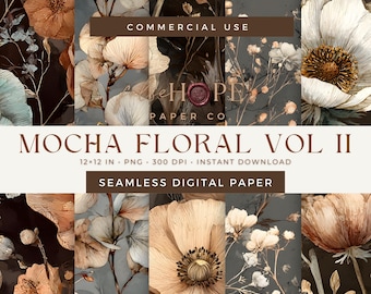 Puede incluir: Un conjunto de papel digital titulado "Mocha Floral Vol II" con varios patrones florales en tonos marrón, beige y verde azulado. La imagen incluye el texto "Commercial Use" y "Seamless Digital Paper". El tamaño del papel es de 30,48 cm x 30,48 cm.