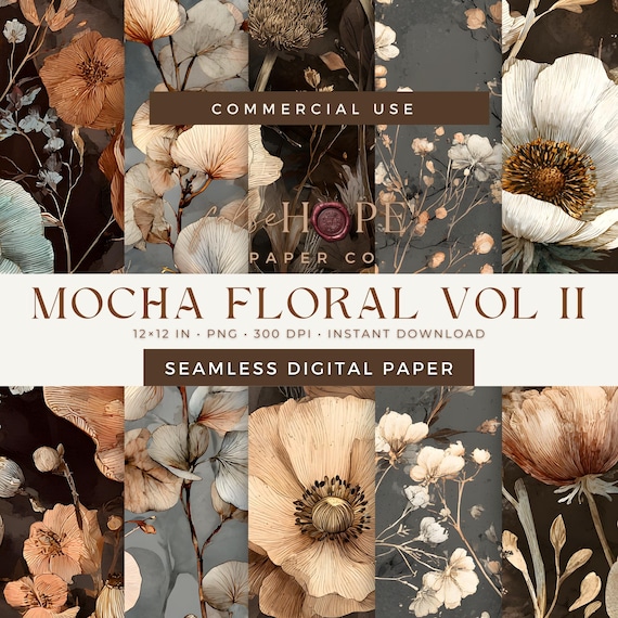 Mocha Dark Floral Digital Paper, Seamless Botanical Patterns (Digital Download)