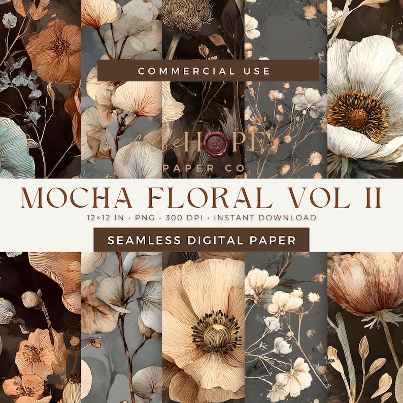 Puede incluir: Un conjunto de papel digital titulado "Mocha Floral Vol II" con varios patrones florales en tonos marr&oacute;n, beige y verde azulado. La imagen incluye el texto "Commercial Use" y "Seamless Digital Paper". El tama&ntilde;o del papel es de 30,48 cm x 30,48 cm.
