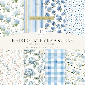 Puede incluir: Un paquete de papel digital con varios patrones sin costuras. Los diseños incluyen flores de hortensias azules, rayas, lunares y cuadros vichy. El texto dice "Heirloom Hydrangeas Seamless Paper Pack" con "Commercial Use" y "16 Papers".