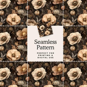 Puede incluir: Un patr&oacute;n sin costuras con flores de acuarela en tonos beige, marr&oacute;n y crema sobre un fondo oscuro. El dise&ntilde;o incluye el texto "Seamless Pattern" y "Perfect for Printing & Digital Use".