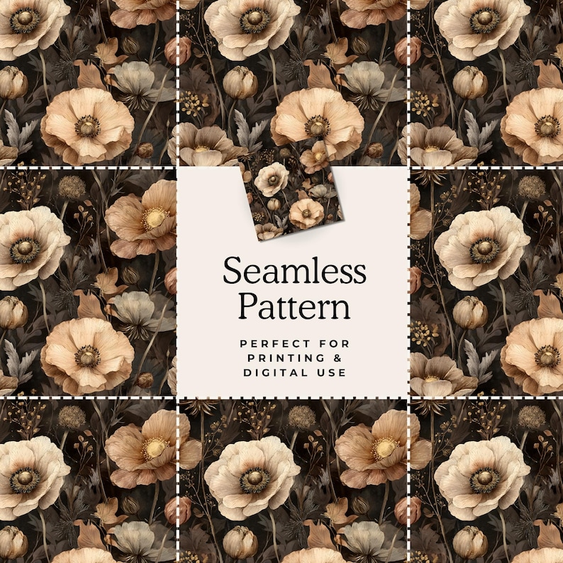 Puede incluir: Un patr&oacute;n sin costuras con flores de acuarela en tonos beige, marr&oacute;n y crema sobre un fondo oscuro. El dise&ntilde;o incluye el texto "Seamless Pattern" y "Perfect for Printing & Digital Use".