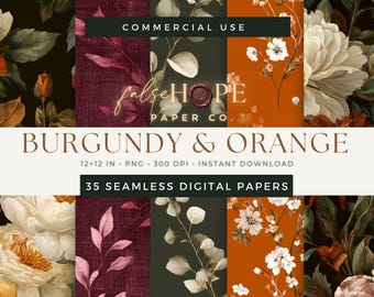 Puede incluir: Una colección de 35 papeles digitales sin costuras con patrones florales y botánicos en burdeos, naranja y verde oscuro. La imagen muestra texto que incluye COMMERCIAL USE, falseHOPE PAPER CO., BURGUNDY & ORANGE, 12x12 IN, PNG, 300 DPI, INSTANT DOWNLOAD y 35 SEAMLESS DIGITAL PAPERS.
