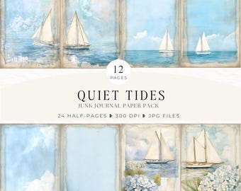 Puede incluir: Un paquete de papel de diario digital titulado "Quiet Tides". El diseño presenta ilustraciones de acuarela de veleros en el océano bajo un cielo azul. El paquete incluye 12 páginas, 24 medias páginas y archivos JPG de 300 DPI.