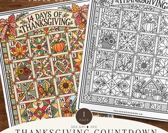 Puede incluir: Dos páginas para colorear imprimibles tituladas 14 Days of Thanksgiving, con una cuadrícula de catorce cuadrados numerados con patrones inspirados en colchas, hojas de otoño, calabazas, flores y casas. Una página está a color y otra en blanco y negro.
