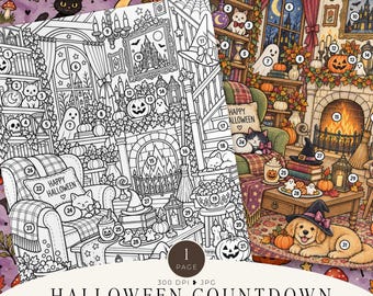 Puede incluir: Una página para colorear imprimible de cuenta regresiva de Halloween con una habitación acogedora, chimenea, calabazas, gatos, fantasmas y un perro. La imagen incluye secciones numeradas, un sillón a cuadros con un cojín de Happy Halloween.