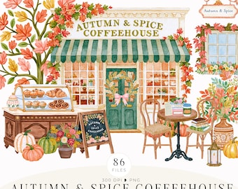 Puede incluir: Una ilustración en acuarela de una fachada de cafetería Autumn & Spice Coffeehouse con un toldo de rayas verdes, vitrina de pasteles, pizarra, dos sillas, una mesa, calabazas y follaje otoñal. El texto dice Autumn & Spice Coffeehouse.