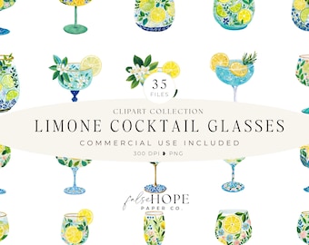 Puede incluir: Colección de imágenes prediseñadas de acuarela de copas de cóctel Limone. Las copas presentan rodajas de limón, diseños florales y detalles en azul y dorado. La imagen incluye el texto "LIMONE COCKTAIL GLASSES" y "35 FILES".
