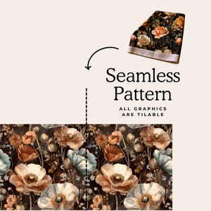 Puede incluir: Un dise&ntilde;o de patr&oacute;n sin costuras con un fondo oscuro y flores de acuarela en crema, melocot&oacute;n y azul. Tambi&eacute;n est&aacute; presente el texto "Seamless Pattern" y "ALL GRAPHICS ARE TILABLE".