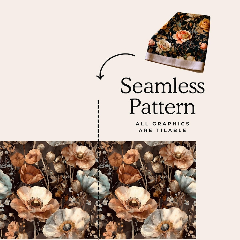 Puede incluir: Un dise&ntilde;o de patr&oacute;n sin costuras con un fondo oscuro y flores de acuarela en crema, melocot&oacute;n y azul. Tambi&eacute;n est&aacute; presente el texto "Seamless Pattern" y "ALL GRAPHICS ARE TILABLE".