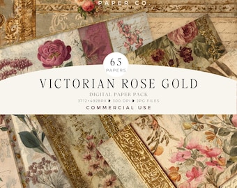 Puede incluir: Una colección de papeles digitales de estilo victoriano con detalles florales y dorados. Los papeles presentan rosas y otras flores en tonos rosa, burdeos y crema. El texto de la imagen dice "VICTORIAN ROSE GOLD" y "COMMERCIAL USE".