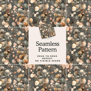 Puede incluir: Un dise&ntilde;o de patr&oacute;n sin costuras con hojas de eucalipto en acuarela en tonos marr&oacute;n, beige y verde sobre un fondo gris oscuro. El texto "Seamless Pattern" se muestra con las palabras "Edge-to-Edge Repeat" y "No Visible Seams".