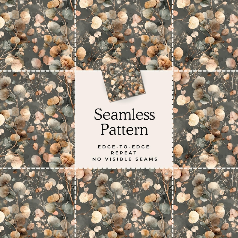 Puede incluir: Un dise&ntilde;o de patr&oacute;n sin costuras con hojas de eucalipto en acuarela en tonos marr&oacute;n, beige y verde sobre un fondo gris oscuro. El texto "Seamless Pattern" se muestra con las palabras "Edge-to-Edge Repeat" y "No Visible Seams".