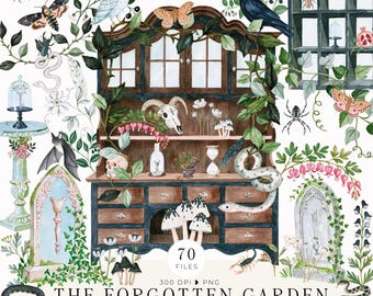 The Forgotten Garden Clipart | Watercolor, Botanicals, Gothic, Dark Academia (Digital Download)