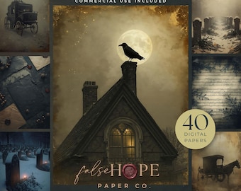 Puede incluir: Una colección de 40 papeles digitales titulada GOTHMAS VOL I de falseHOPE PAPER CO. Las imágenes presentan temas góticos que incluyen un cuervo en el techo de una casa bajo la luna llena, carruajes, cementerios nevados y partituras musicales.