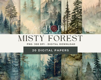 Puede incluir: Una colección de 20 papeles digitales con ilustraciones de acuarela de bosques brumosos. La obra de arte presenta varios tonos de verde, azul y marrón, con representaciones detalladas de árboles y paisajes. El texto "MISTY FOREST" se muestra de forma destacada.