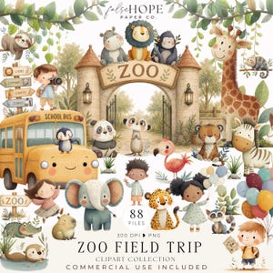 Op de afbeelding: Een grillige illustratie met een dierenthema. Een gele schoolbus, dierentuindieren en kinderen worden afgebeeld in de buurt van een diereningang. De tekst "ZOO FIELD TRIP" en "CLIPART COLLECTION" zijn ook zichtbaar.