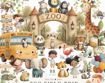 Puede incluir: Una ilustración caprichosa con temática de zoológico. Se representa un autobús escolar amarillo, animales del zoológico y niños cerca de la entrada del zoológico. También se ve el texto "ZOO FIELD TRIP" y "CLIPART COLLECTION".
