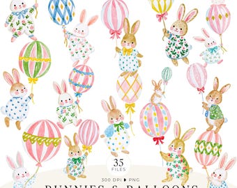 Puede incluir: Una colección de imágenes prediseñadas digitales titulada falseHOPE PAPER CO. BUNNIES & BALLOONS que incluye 35 archivos de ilustraciones en acuarela de conejos con ropa estampada sosteniendo varios globos a rayas y cuadros sobre un fondo blanco.