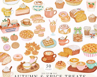 Puede incluir: Una colección de imágenes digitales titulada Autumn & Spice Treats que presenta ilustraciones en acuarela de diversos productos horneados, incluyendo pasteles, donas, cupcakes, waffles, galletas y bebidas calientes en tazas con motivos estacionales.