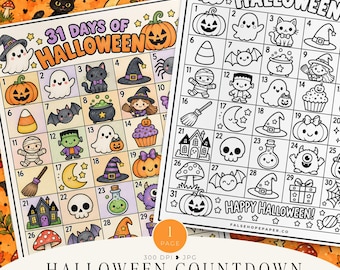 Puede incluir: Dos páginas para colorear imprimibles de cuenta regresiva de Halloween con una cuadrícula de 31 días. Una página está a todo color y la otra en blanco y negro. Ambas hojas incluyen ilustraciones de fantasmas, calabazas, gatos y brujas.