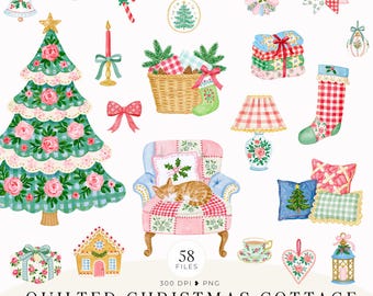Quilted Christmas Cottage Clipart | Grandmillennial Quilt Cottagecore Decor (Digital Download)
