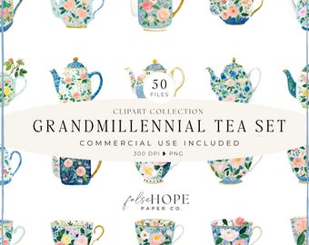 Puede incluir: Una colección de ilustraciones en acuarela con tazas de té, teteras y platillos con diseños florales. El texto dice "GRANDMILLENNIAL TEA SET" y "50 FILES". La paleta de colores incluye azul, rosa y dorado.