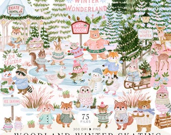 Puede incluir: Una colección de ilustraciones digitales titulada Winter Wonderland Woodland Winter Skating que presenta animales al estilo acuarela como osos, zorros, conejos y búhos con ropa de invierno, patinando y jugando en un entorno de bosque nevado.