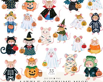 Puede incluir: Una colección de ilustraciones en acuarela que muestran ratones con varios disfraces de Halloween, incluyendo fantasmas, calabazas, esqueletos y vampiros, cada uno sosteniendo un pequeño cubo de calabaza. El texto dice falseHOPE PAPER CO. y LITTLE COSTUME MICE.