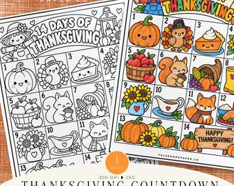 Puede incluir: Dos páginas para colorear imprimibles tituladas 14 Days of Thanksgiving, con una cuadrícula de cajas numeradas con ilustraciones de calabazas, un pavo, un trozo de pastel, una ardilla, girasoles y un zorro, una página coloreada y otra en blanco.