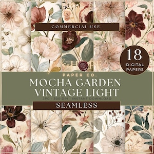 May include: A collection of 18 digital papers featuring floral patterns in mocha, cream, and muted green tones. The text reads: COMMERCIAL USE, 18 DIGITAL PAPERS, PAPER CO. MOCHA GARDEN VINTAGE LIGHT, JPG 300 DPI INSTANT DOWNLOAD, SEAMLESS.