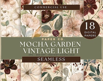 Puede incluir: Una colección de 18 papeles digitales con patrones florales en tonos moca, crema y verde apagado. El texto dice: COMMERCIAL USE, 18 DIGITAL PAPERS, PAPER CO. MOCHA GARDEN VINTAGE LIGHT, JPG 300 DPI INSTANT DOWNLOAD, SEAMLESS.