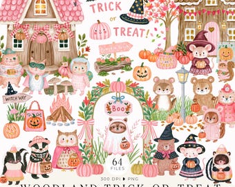 Puede incluir: Una colección de imágenes prediseñadas digitales titulada Woodland Trick-or-Treat que presenta ilustraciones en acuarela de animales del bosque con disfraces de Halloween, casas rosas y marrones, calabazas, un sombrero de bruja y follaje otoñal sobre un fondo blanco.