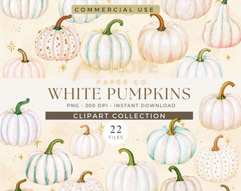 Puede incluir: Una colección de imágenes prediseñadas digitales con veintidós ilustraciones en acuarela de calabazas blancas con tallos verdes, algunas con motas doradas, sobre un fondo claro con el texto WHITE PUMPKINS CLIPART COLLECTION.