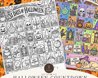 Puede incluir: Una página para colorear imprimible titulada 31 Days of Halloween que presenta una cuadrícula de 31 cuadrados numerados con ilustraciones de calabazas, gatos, calaveras, libros y velas. Una versión es en blanco y negro y la otra a color.