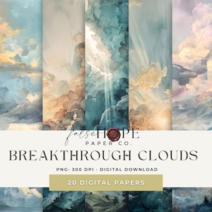 May include: Digital paper set featuring watercolor cloud designs in shades of blue, gold, and teal. The text "BREAKTHROUGH CLOUDS" is displayed, along with "20 DIGITAL PAPERS" and "PNG. 300 DPI - DIGITAL DOWNLOAD". The False Hope Paper Co. logo is also visible.