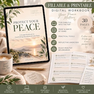 Può includere: Un quaderno di esercizi digitale intitolato Protect Your Peace con una copertina paesaggistica al tramonto, che include 30 pagine su confini e riflessione. Include icone per digitare o stampare, esercizi riflessivi e strumenti pratici.