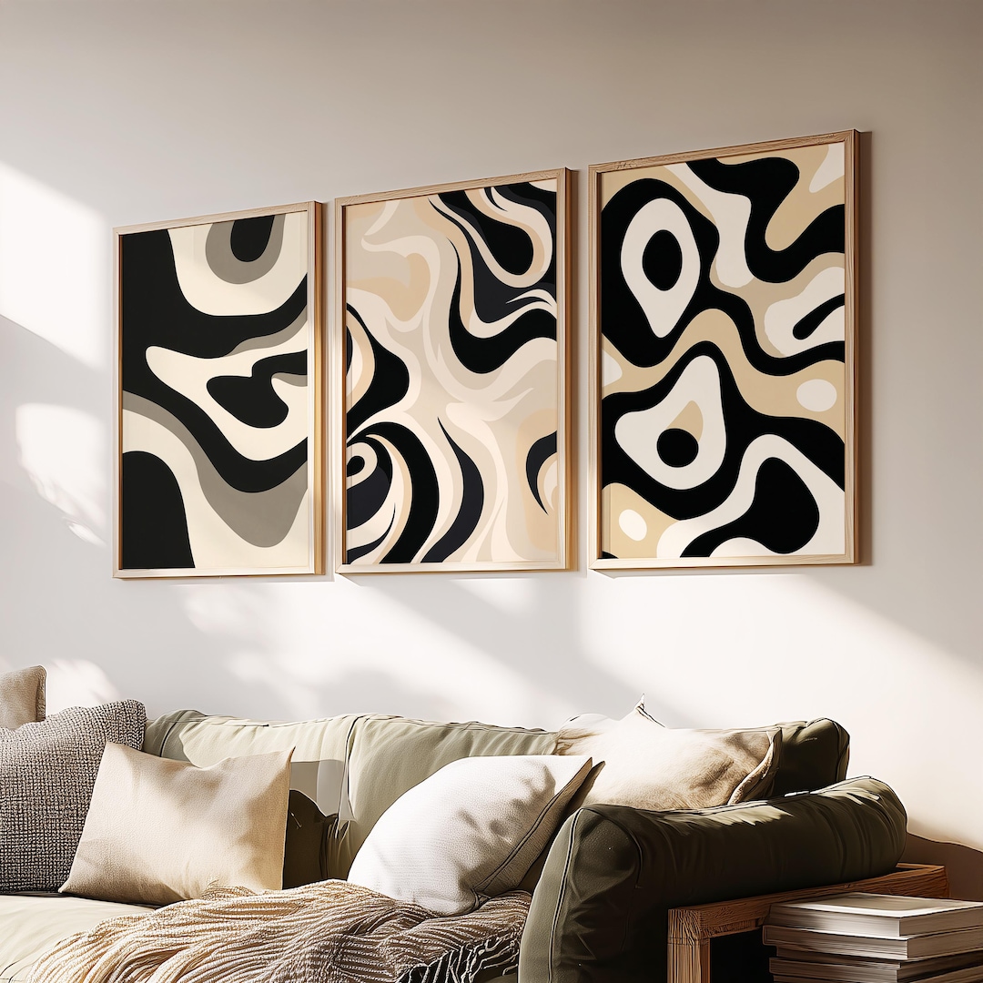 Abstract Triptych Wall Art Set of 3 | Black Beige Neutral Prints ...