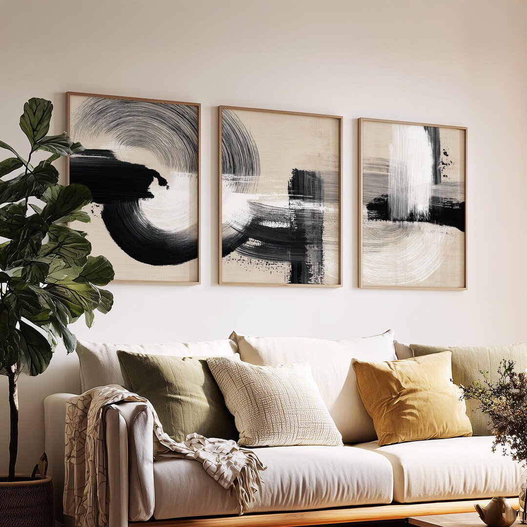 Black White Abstract Wall Art Set of 3, Modern Brushstroke Canvas Print ...