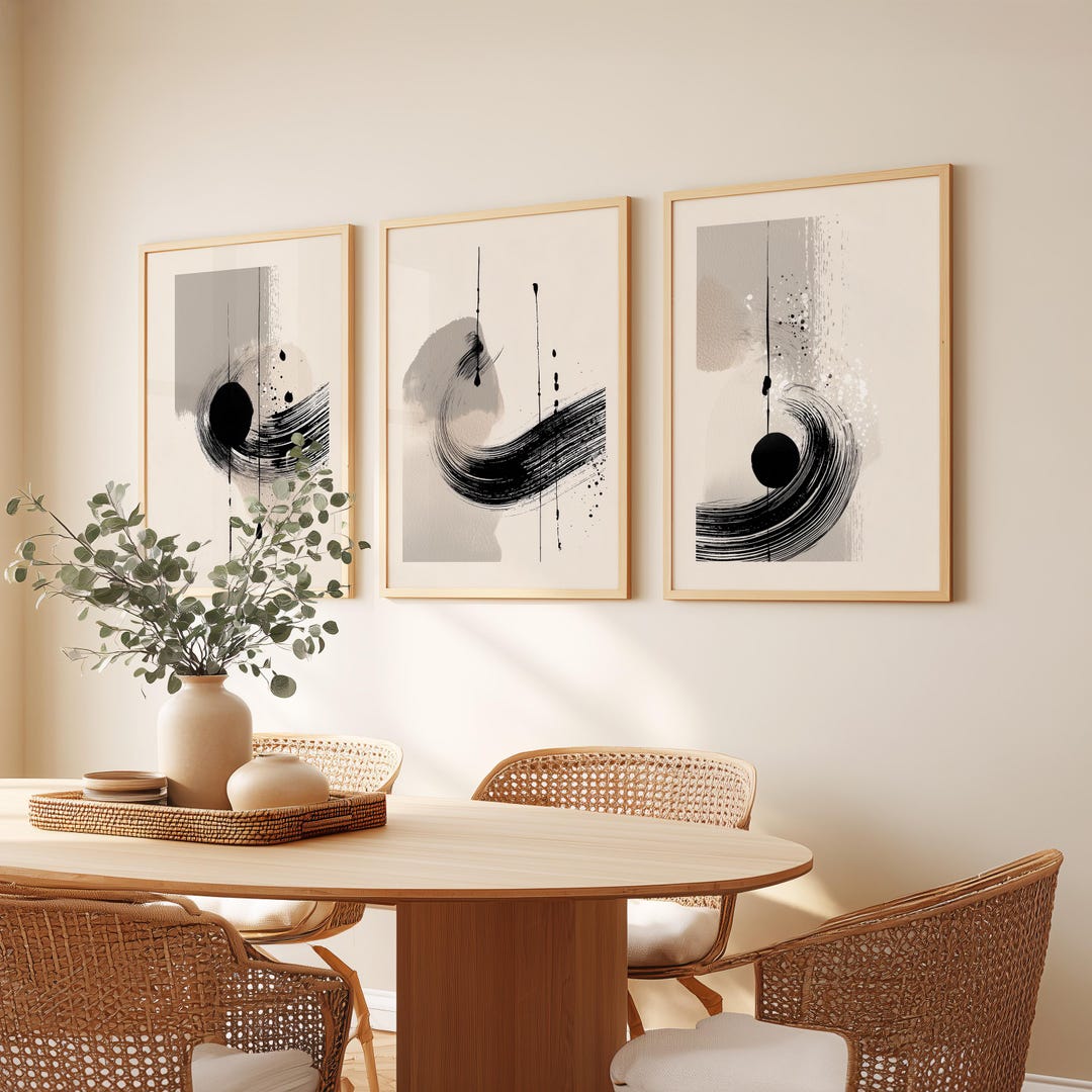 Black White Abstract Wall Art Set of 3, Modern Brushstroke Canvas Print ...
