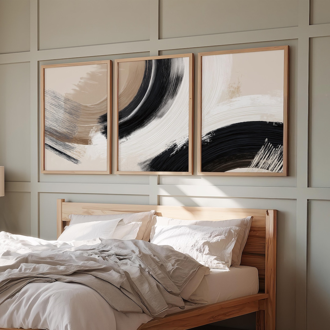 Black White Abstract Wall Art Set of 3, Modern Brushstroke Canvas Print ...
